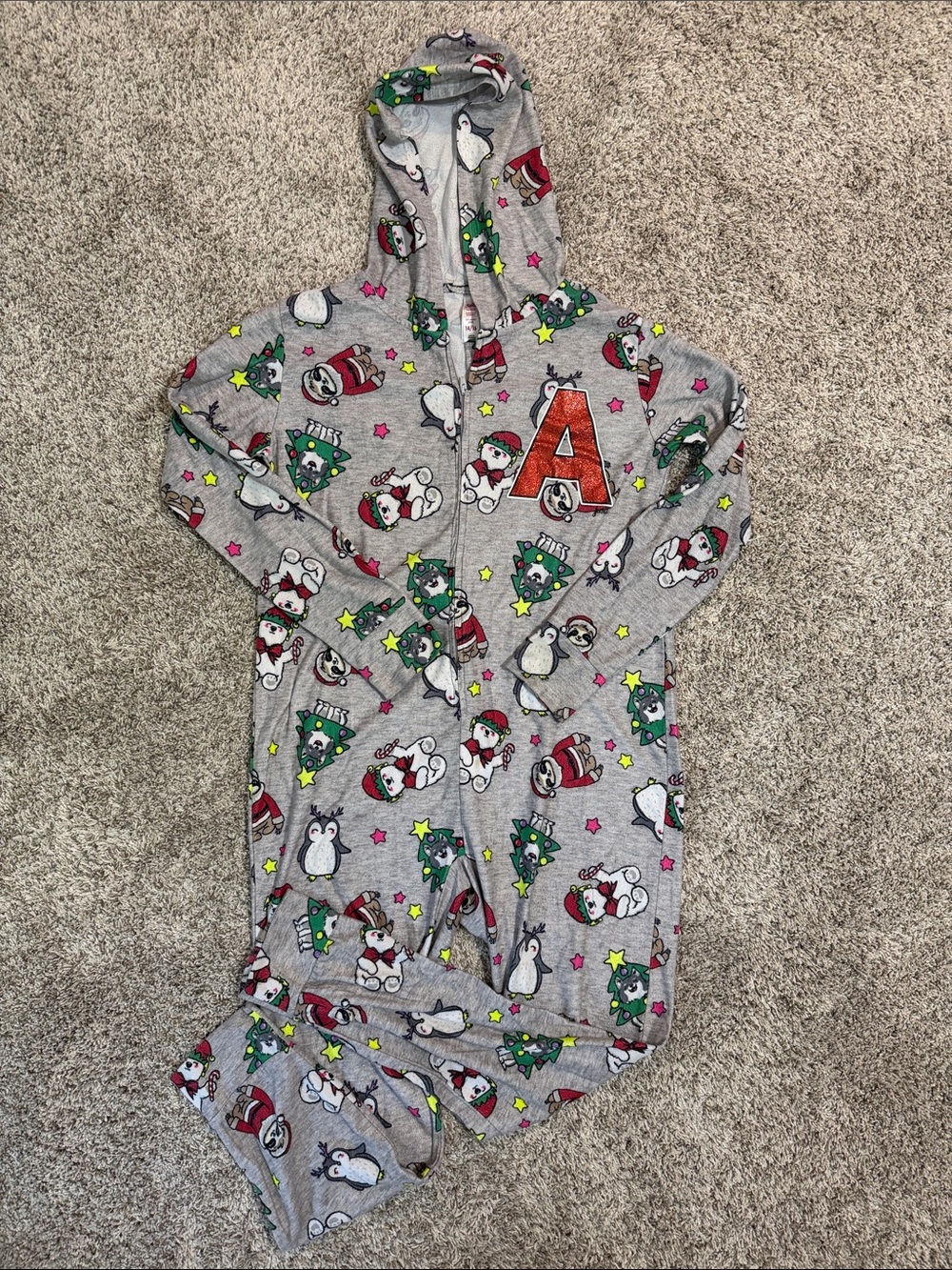 Justice Grey Holiday Penguin Hooded One-Piece Pajamas-Red 'A' Accent Size 14/16